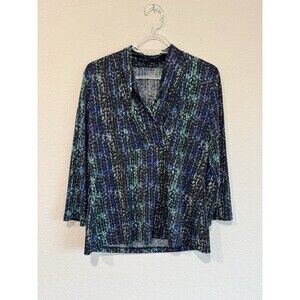 212 Collection Women's Black Blue Abstract V Neck Blouse 3/4 Sleeve Pullover S